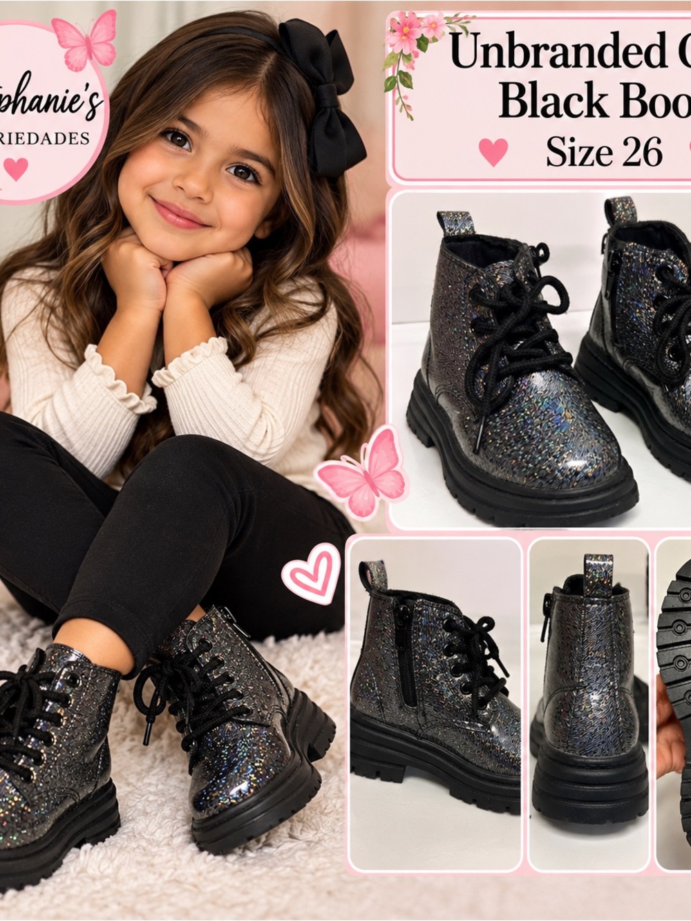Kids Shimmer Lace-Up Black Boots with Side Zipper